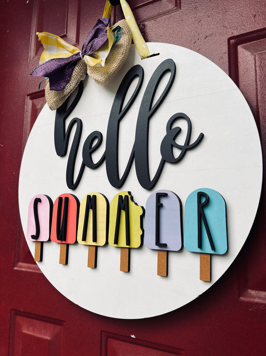 Hello Summer Ice Cream Cones / Popsicle Door Hanger 18'